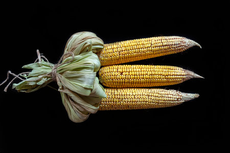 Corn bouquet on black background. Bouquet made with partially shucked sweet corns with cobs. Raw...