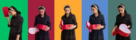 Photo set of Female disappointed with gift. House wife not satisfied with present. Young woman...