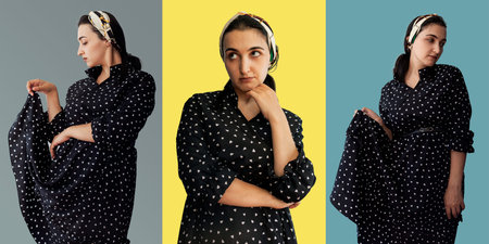 Photo set of young middle-eastern woman portrait. Turkish, Arabian or West Asian housewife in black dress.の写真素材