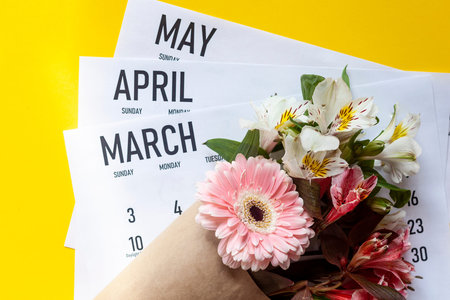 Spring months calendars. March, April and May monthly paper calendars with a bouquet of spring...