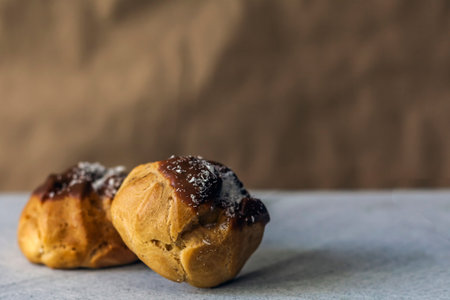 Two custard pastry cake on marble backgroundの写真素材
