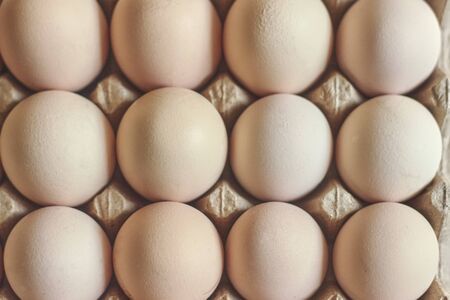 Eggs in the cardboard. Top view. Fresh eggs from the farm. Organic egg production. Chicken egg industry. Eggs for saleの写真素材