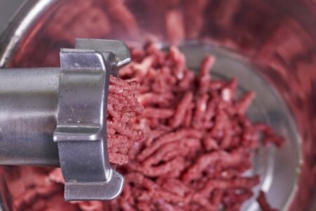 Electric meat grinder. Kitchen tool to mince meat. Meat grinding, preparing food ingredients. Vegan Worst Nightmareの写真素材