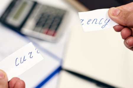 Man tearing paper with word - currency. Symbol of national currency breakdown. Financial Crisis....