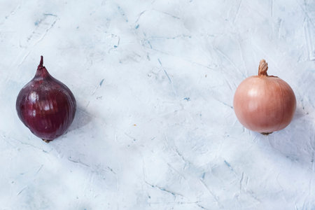 Fresh purple onions placed in the line. Top view