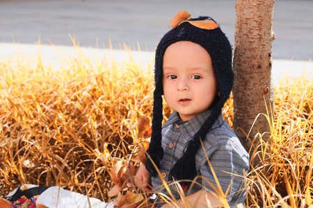 Autumn portrait of 2-3 years old child in garden. Fall season. Close-up view of cheerful sweet...