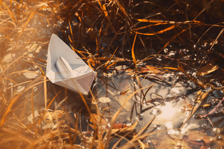 Origami paper boat sailing on the water. Autumn waters taking away all problems. Let your dreams set...