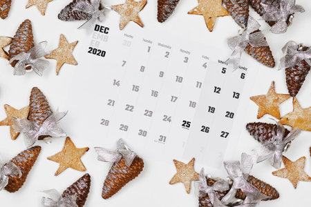 Simple December 2020 monthly calendar decorated with pine cones and star shape sweet cookies