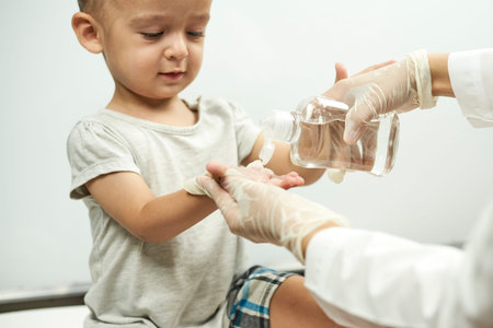 Doctor putting hand sanitizer to baby hands. Teaching a baby boy hand washing and hygiene. Physical examination of the 1-year-old baby boy. Well-baby examの写真素材