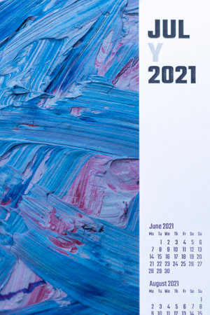 July 2021 calendar. July monthly calendar on blue backgroundの写真素材