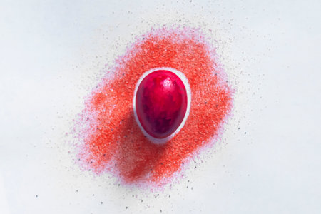 Red easter egg with color spread on whiteの写真素材