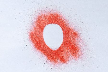 Empty egg print on color spread on whiteの写真素材