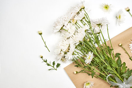 Bright spring flowers on white background. Fresh white flowers. Spring background with flowersの写真素材