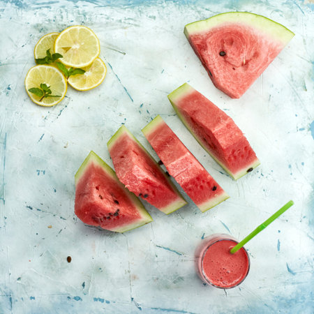 Fresh summer fruits background. Sweet watermelon slices. Watermelon fruitの写真素材