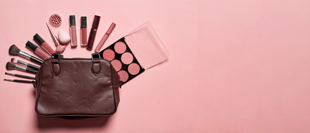 Make-up products set. Female cosmetics bag with various beauty make-up products. Professional...