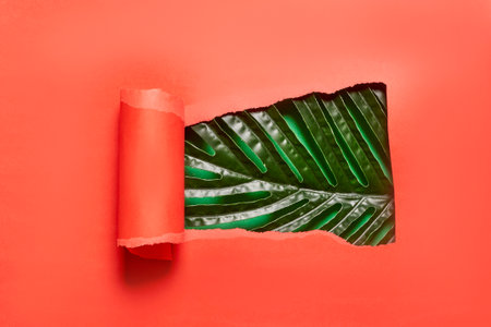 Torn and rolled piece of red paper and green tropical palm leaf. Copy space. Bright and creative background. Palm leaf through paper holeの写真素材