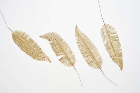 Decorative golden autumn leaves. Fake autumnal leaves on white background. Decorative fall leaves. Golden autumn, Autumn vibes conceptsの写真素材