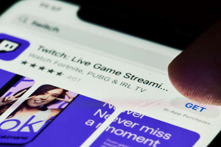 Tashkent, Uzbekistan - July 6, 2021: Twitch application opened in apple AppStore. Downloading Twitch app to smartphone. Twitch application opened in Appstoreのeditorial素材