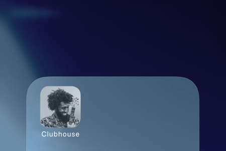 Tashkent, Uzbekistan - 15 February, 2021: Famous Clubhouse application opened in the Iphone screenのeditorial素材