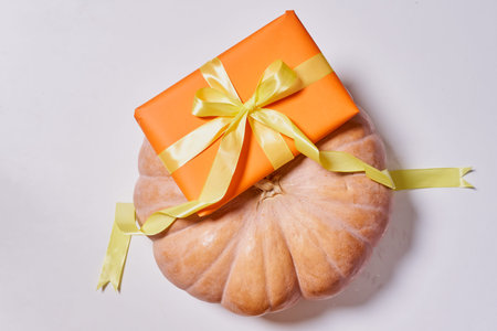 Orange gift box and pumpkin on white. Thanksgiving Day gift and freshly harvested pumpkin on white backgroundの写真素材
