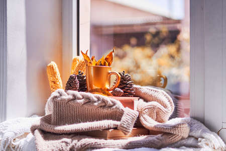 Corns, autumn leaves, pine cones and coffee cup on windowsill. Creative autumnal background near the windows in a sunny autumn dayの写真素材