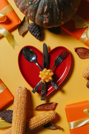 Happy thanksgiving day. Heart shape plate, fork, spoon and knife with harvest fall vegetables and...