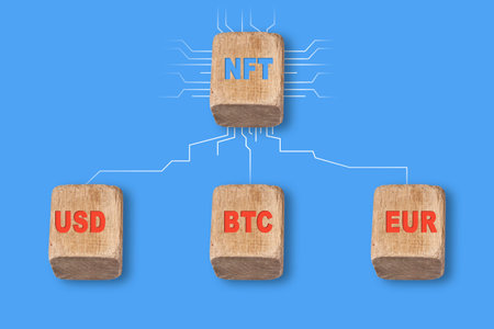 NFT - USD, BTC and EUR. NFT and currencies on wooden cubes