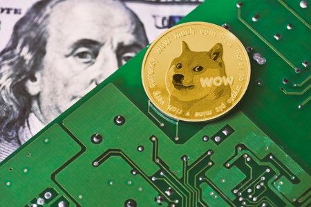 Dogecoin on computer motherboard surface and us dollar bill. US dollar banknote, printed circuit...
