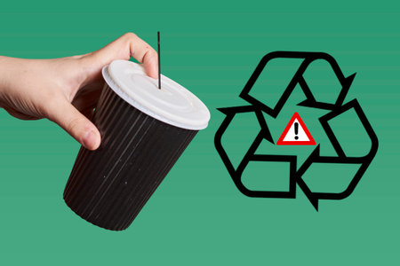 Recycling single-use plastic items. A person holds sing-use coffee cup over recycling symbol. Concept of sorting, recycling garbageの写真素材