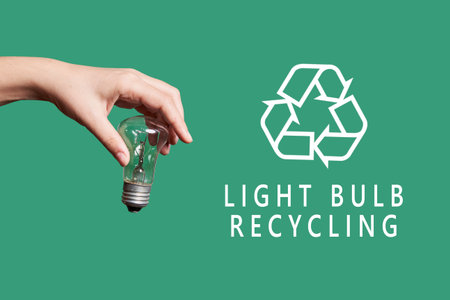 A person throwing light bulb for recycling. Hand throws used light bulb into garbage. Concept of sorting, recyclingの写真素材