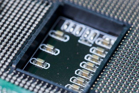 Macro-shot of computer microchip processor. Global chip and semiconductor shortage. Symbol of...