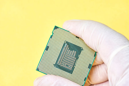 Macro-shot of computer microchip processor. Global chip and semiconductor shortage. Symbol of...