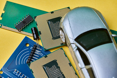 CPU chip and semiconductors with car toy. Global car chip shortage. Micro-chip shortage creates...
