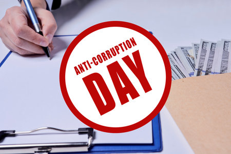Stop corruption, bribery concepts. Giving money or bribe for signing agreement. Symbol of anti-corruption movement, lobbying, extortion and nepotismの写真素材