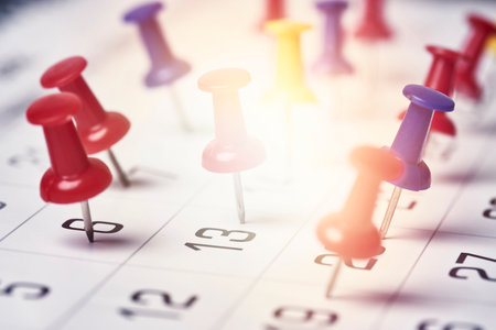 Colored push pins on monthly calendar page. Calendar appointments. Multicolored push pins on calendar. Marked event day, business appointment, meeting with pin. Close-up of push pins on calendar dateの写真素材