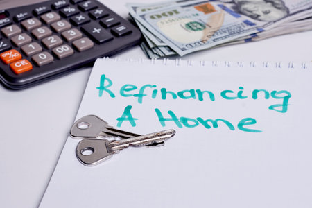 Refinancing a home concept. House keys, calculator and money