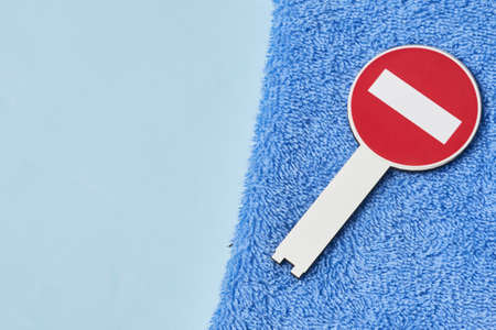 No entry road sign on the towel. Symbol of Beijing 2022 winter Games boycott. Boycotting Games. Diplomatic boycottの写真素材