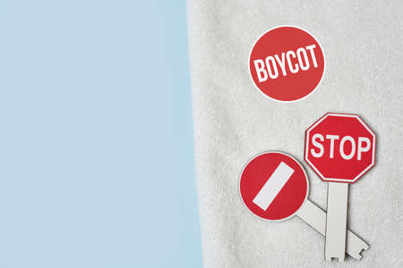 No entry road sign on the towel. Symbol of Beijing 2022 winter Games boycott. Boycotting Games. Diplomatic boycottの写真素材