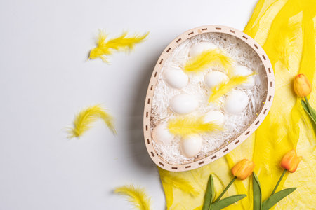 Happy easter time. Bright Easter holiday concept with spring flowers and easter eggs. Colorful...
