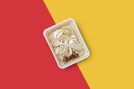 Instant noodles composition. Noodles on colour background