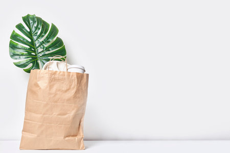 a plant in a brown paper bag on a white background, with copy space for your text or product labelの写真素材