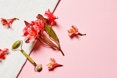 some pink flowers on a white towel next to a pair of scissors and a piece of paper that has been cut in halfの写真素材