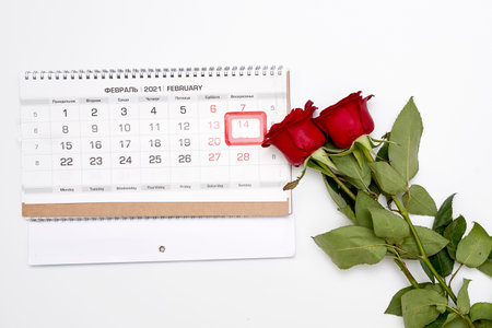 a red rose next to a calendar on a white background with the date circled by a rubber stamp that says happy valentines dayの写真素材
