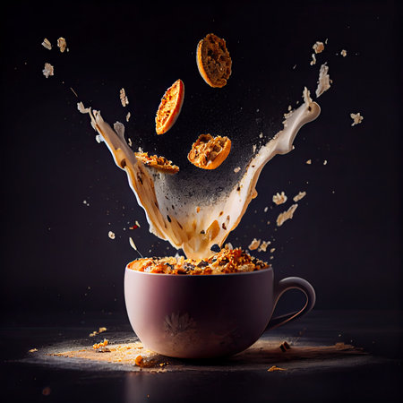 some cereal falling into a cup filled with milk and other food items in the image is on a black backgroundの素材