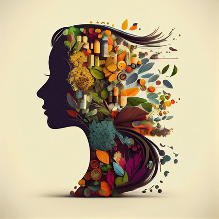 a womans head made out of different types of vegetables and fruits, with the words healthy on itの素材