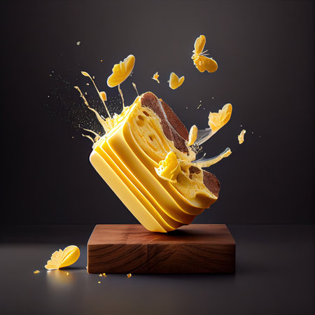 a piece of cake with splashing butter on it and some pieces falling from the top to the ground belowの素材