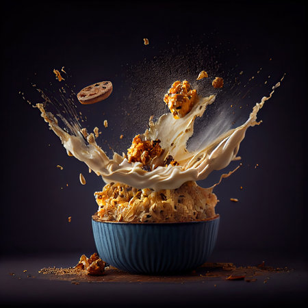 some food in a bowl with milk and other items falling out of it on a dark background that appears like an explosionの素材