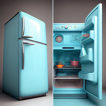 an old blue refrigerator with the door open and some food in its trays sitting on top of the fridgeの素材