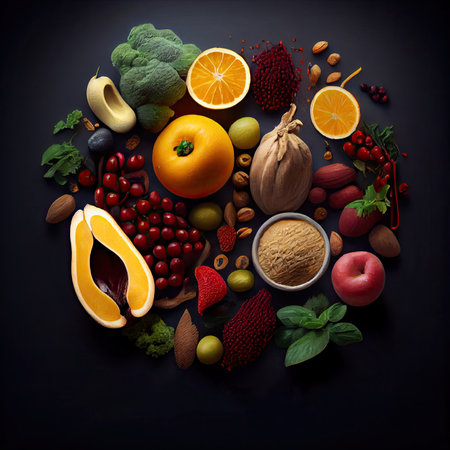 various fruits and vegetables on a black background with space for your text or image to be used in this articleの素材