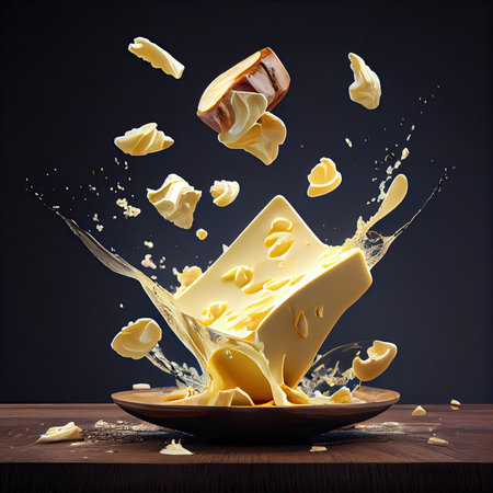cheese falling into a bowl on a table with milk and chocolate splashing out from the top to the bottomの素材